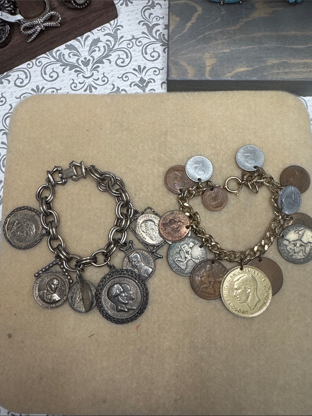 Vintage Coin Charm Bracelet - Mixed Metal set of 2